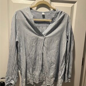 Blue Striped Women's Top with Lace Hem